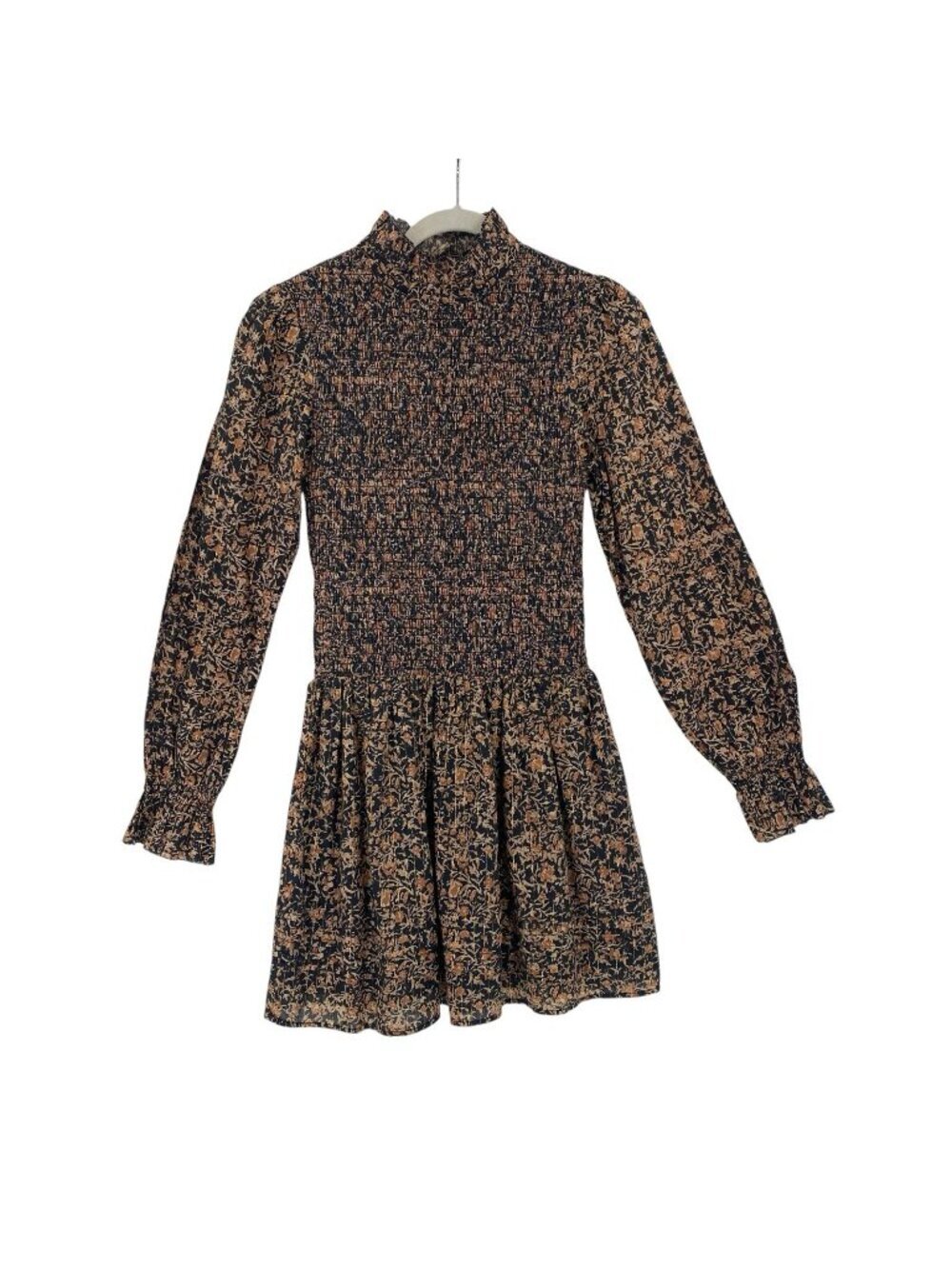 Cleobella Womens Size Small Smocked Long Sleeve Mock Neck Mini Dress Brown Tan